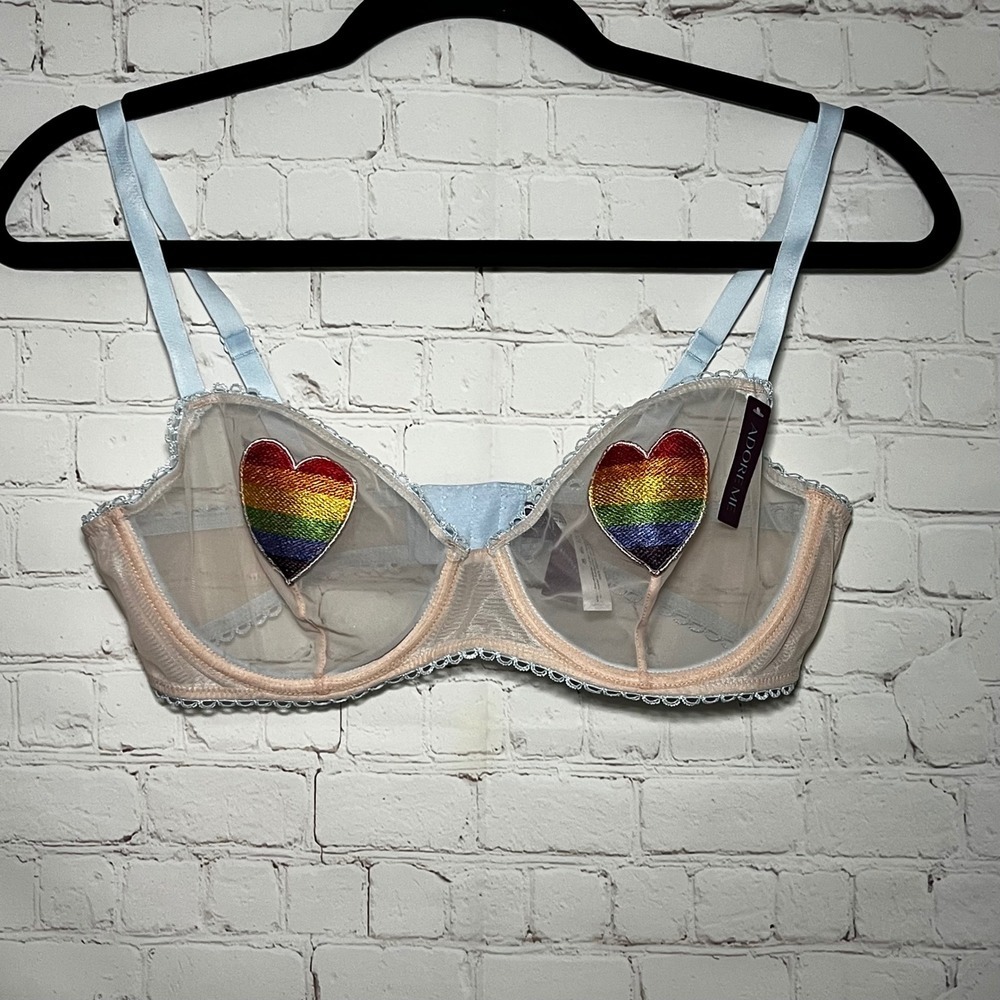 Adore Me Sheer Rainbow Heart Pride Balconette Bra Light Pink Blue Straps‎ Sz 34D